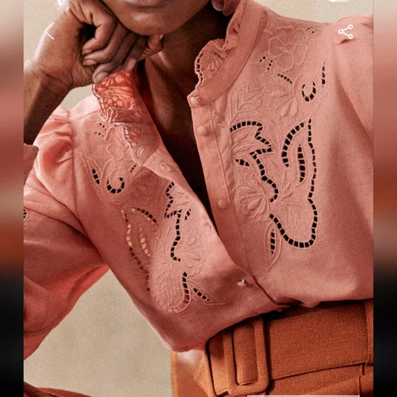 Sezane Lilia Peach Blush Button Down Shirt with Embroidery - Picture 2 of 6